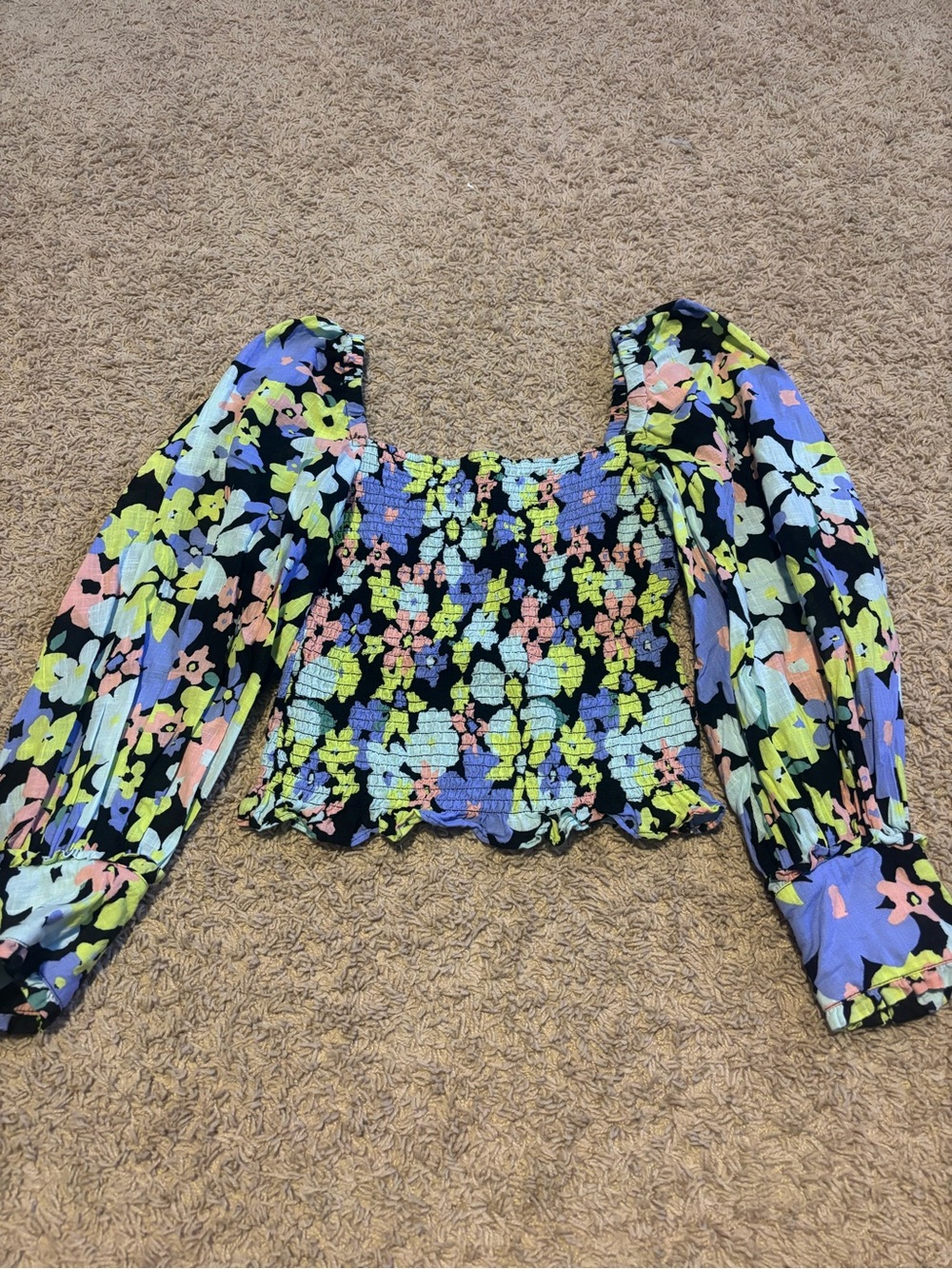 Free people Smocked Floral Off-Shoulder Peasant Top in Black and Pastel
